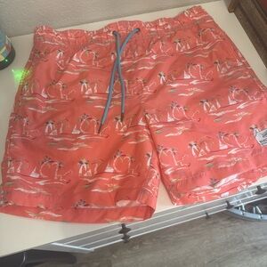 Men's Coral Tropical Print Swim Shorts with Light Blue Drawstring